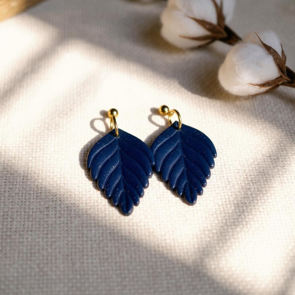The Pressed Leaf Drop Earrings – Deep Navy – Winter Collection · Winter Wonderland | Hypoallergenic 18K Gold-Plated – Handmade Jewelry