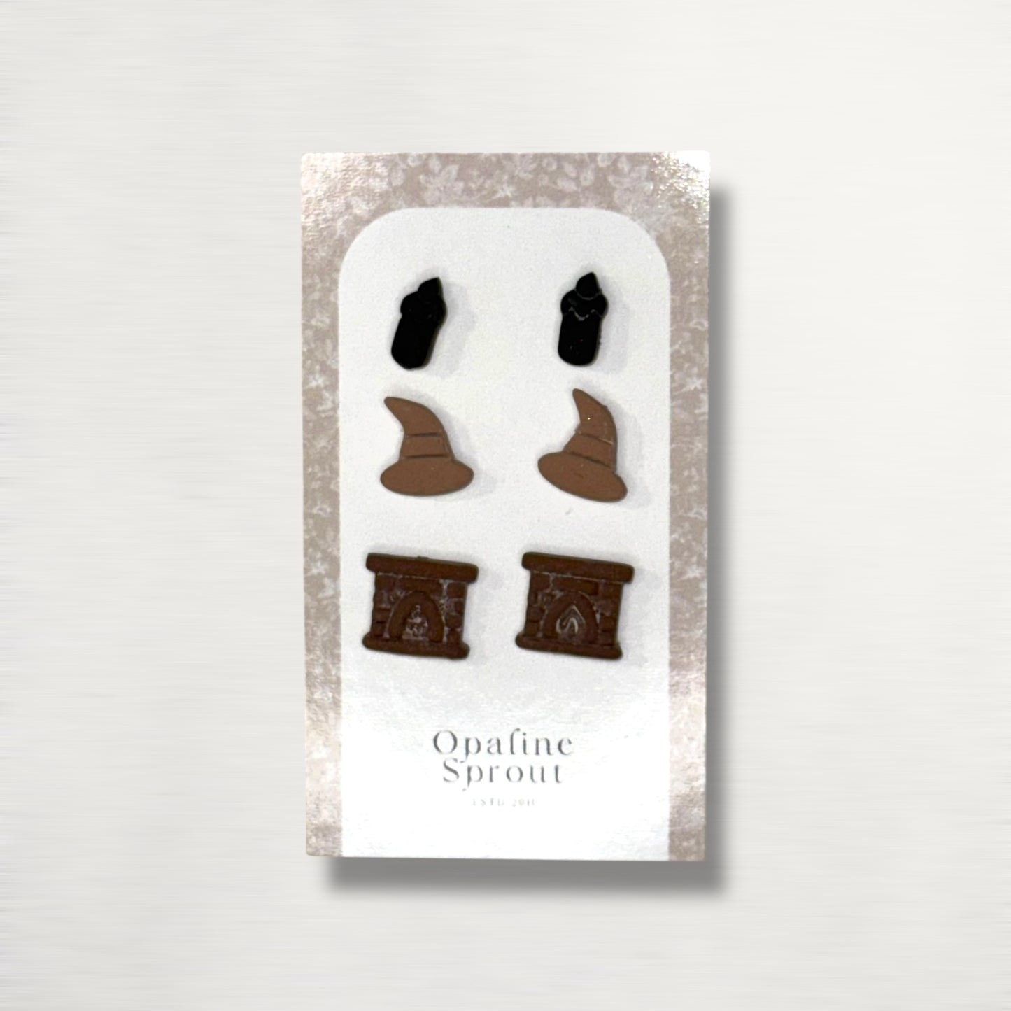 The October Studs – Black Flame Candle, Witch Hat, Fireplace Trio | Hypoallergenic 18K Gold-Plated – Handmade Jewelry