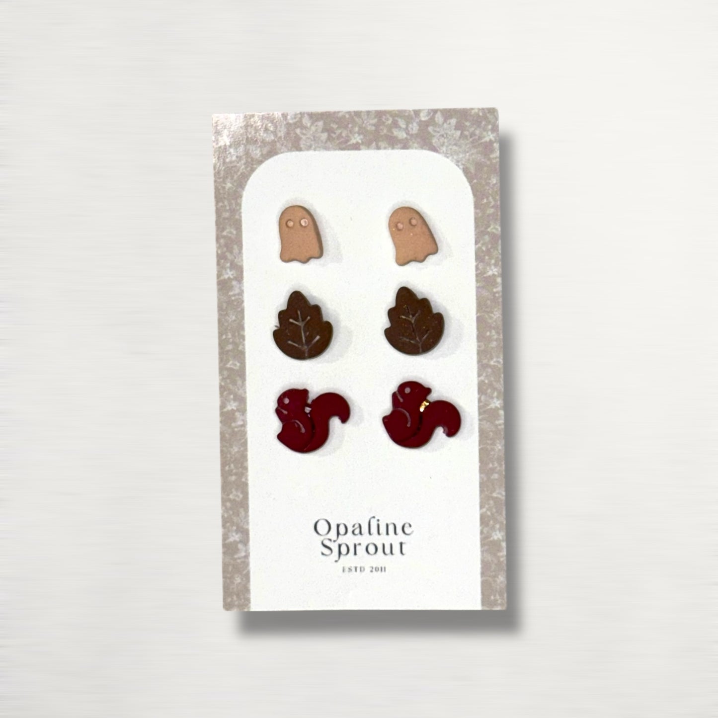 The October Studs – Ghost, Leaf, Squirrel Trio | Hypoallergenic 18K Gold-Plated – Handmade Jewelry