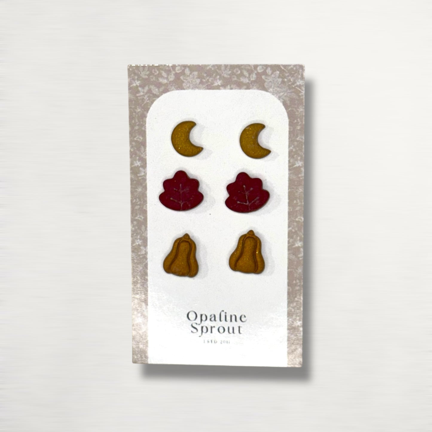 The October Studs – Crescent Moon, Leaf, Pumpkin Trio | Hypoallergenic 18K Gold-Plated – Handmade Jewelry