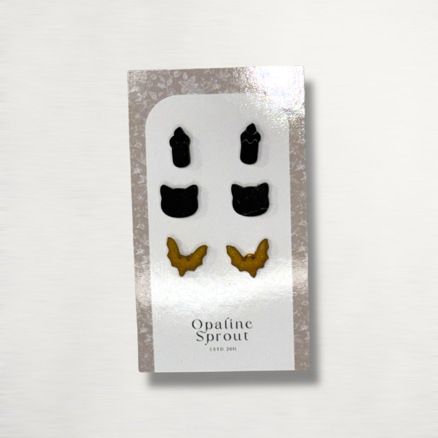 The October Studs – Black Flame Candle, Black Cat, Bat Trio | Hypoallergenic 18K Gold-Plated – Handmade Jewelry