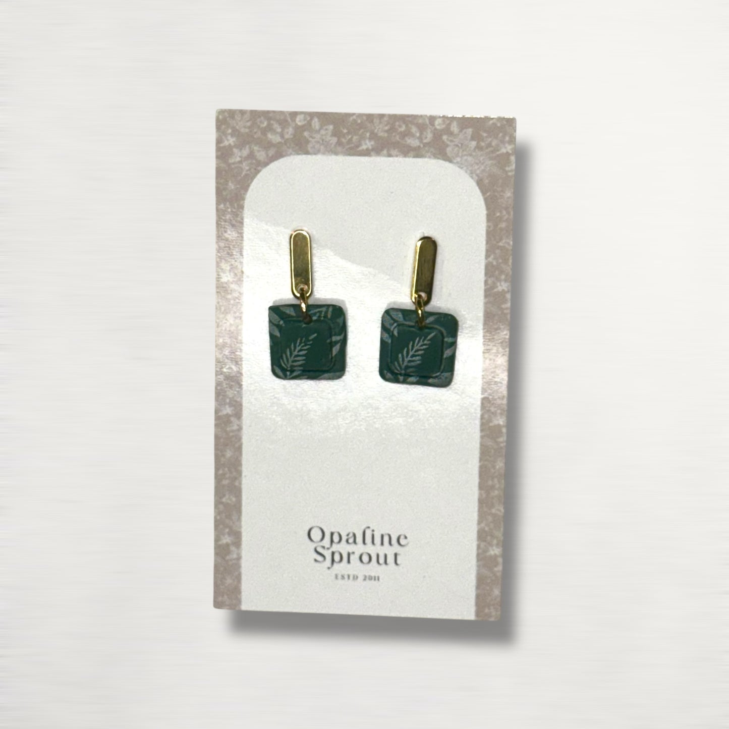Drop Dangle Earrings · Hypoallergenic 18K Gold Plated Stainless Steel · Clay Earrings · Green Floral Dainty Bezel Square · Spring