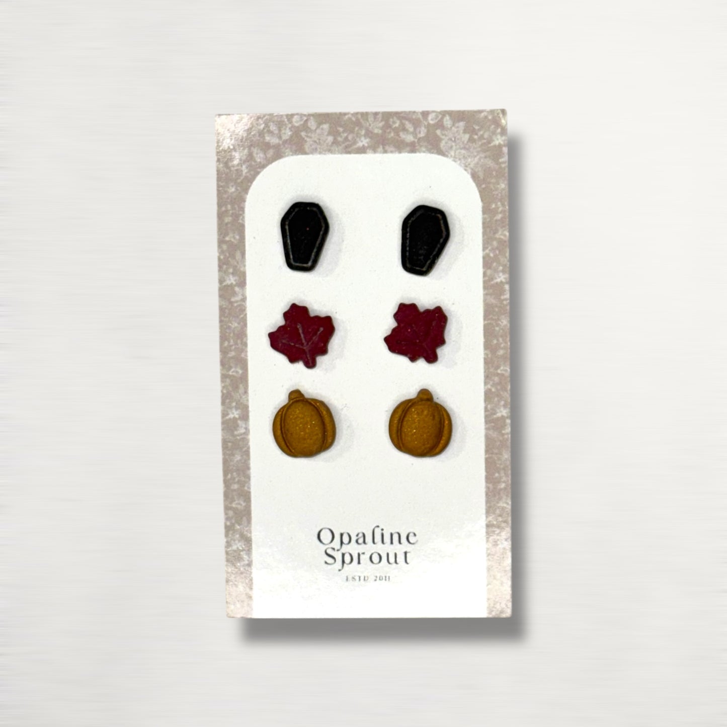 The October Studs – Coffin, Leaf, Pumpkin Trio | Hypoallergenic 18K Gold-Plated – Handmade Jewelry