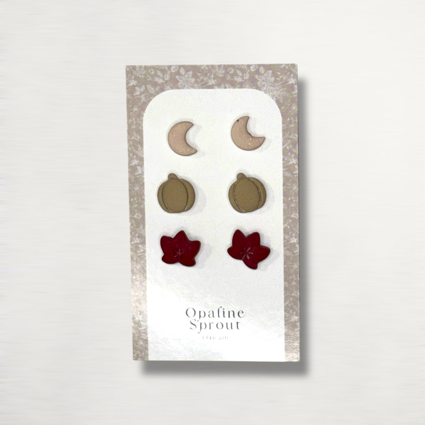 The October Studs – Moon, Pumpkin, Maple Leaf Trio | Hypoallergenic 18K Gold-Plated – Handmade Jewelry