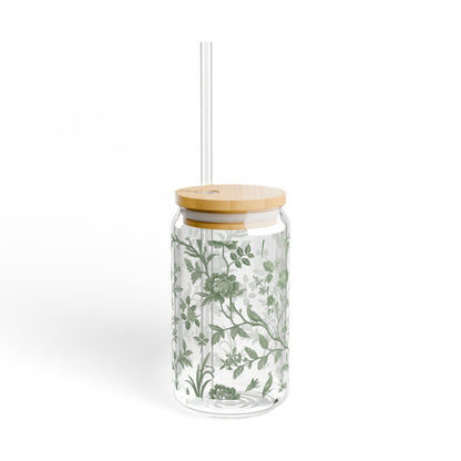 Green Chinoiserie: 16oz Can-Shaped Sipper Glass with Lid & Straw