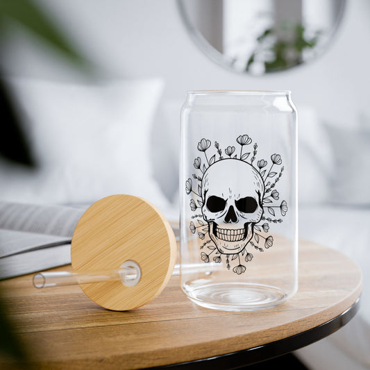 Blooming Skull: 16oz Can-Shaped Sipper Glass with Lid & Straw