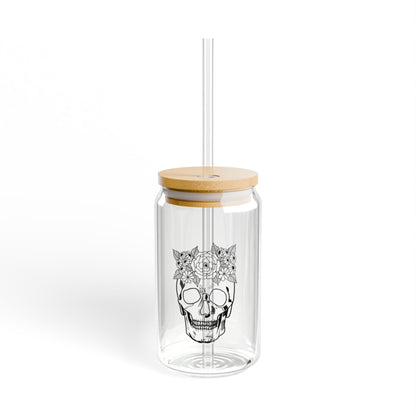 Blooming Skull: 16oz Can-Shaped Sipper Glass with Lid & Straw