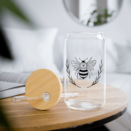 Bee Inspired: 16oz Can-Shaped Sipper Glass with Lid & Straw