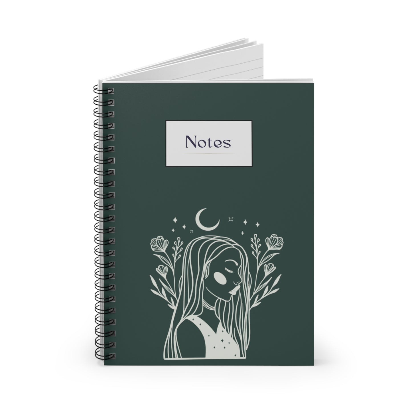 Celestial Goddess Journal - 6x8 Spiral Notebook with Moon and Floral Design