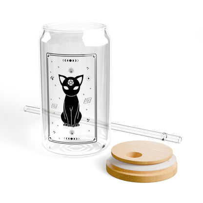 Mystical Cat: 16oz Can-Shaped Sipper Glass with Lid & Straw