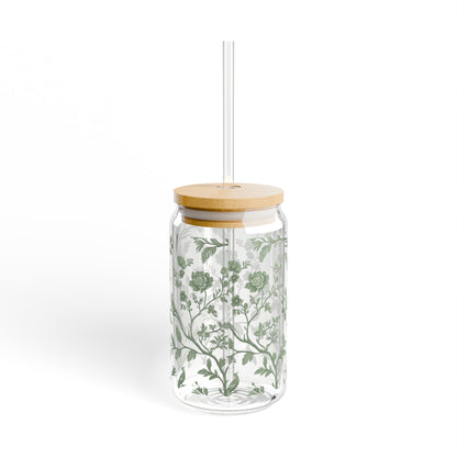 Green Chinoiserie: 16oz Can-Shaped Sipper Glass with Lid & Straw