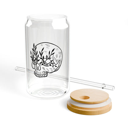 Blooming Skull: 16oz Can-Shaped Sipper Glass with Lid & Straw