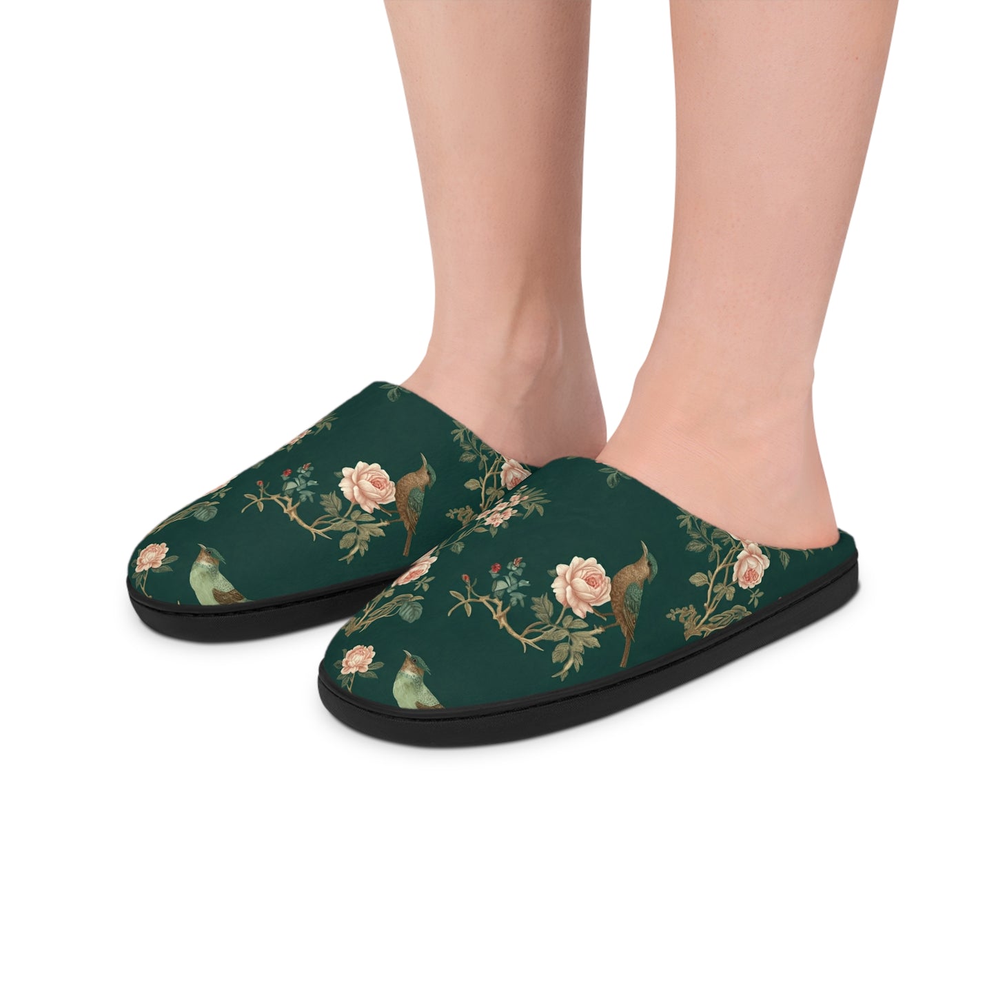 Green Chinoiserie - Floral Indoor Slippers for Women