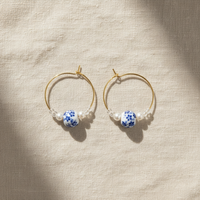 Blue Porcelain Garden Hoop Earrings