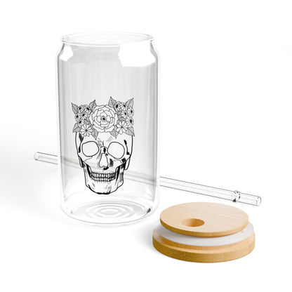 Blooming Skull: 16oz Can-Shaped Sipper Glass with Lid & Straw