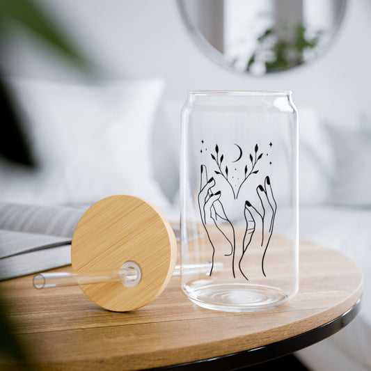 Blooming Hands: 16oz Can-Shaped Sipper Glass with Lid & Straw