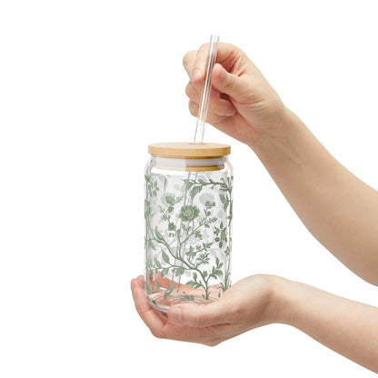 Green Chinoiserie: 16oz Can-Shaped Sipper Glass with Lid & Straw