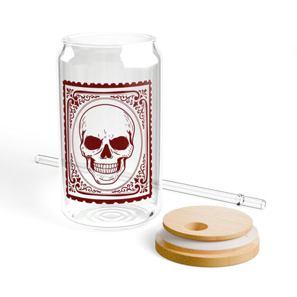 Crimson Skull: 16oz Can-Shaped Sipper Glass with Lid & Straw