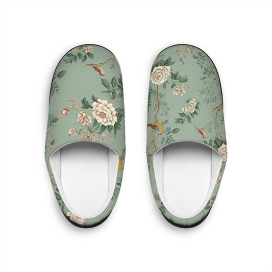 Green Chinoiserie - Floral Indoor Slippers for Women