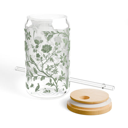 Green Chinoiserie: 16oz Can-Shaped Sipper Glass with Lid & Straw