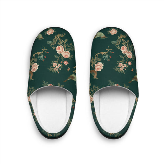 Green Chinoiserie - Floral Indoor Slippers for Women