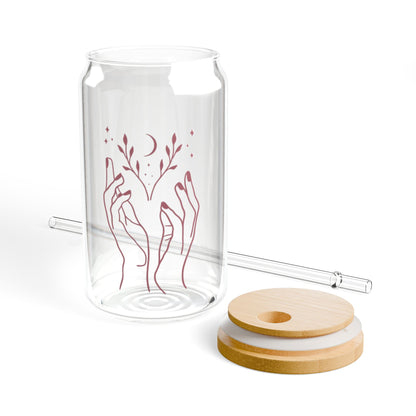 Blooming Hands: 16oz Can-Shaped Sipper Glass with Lid & Straw