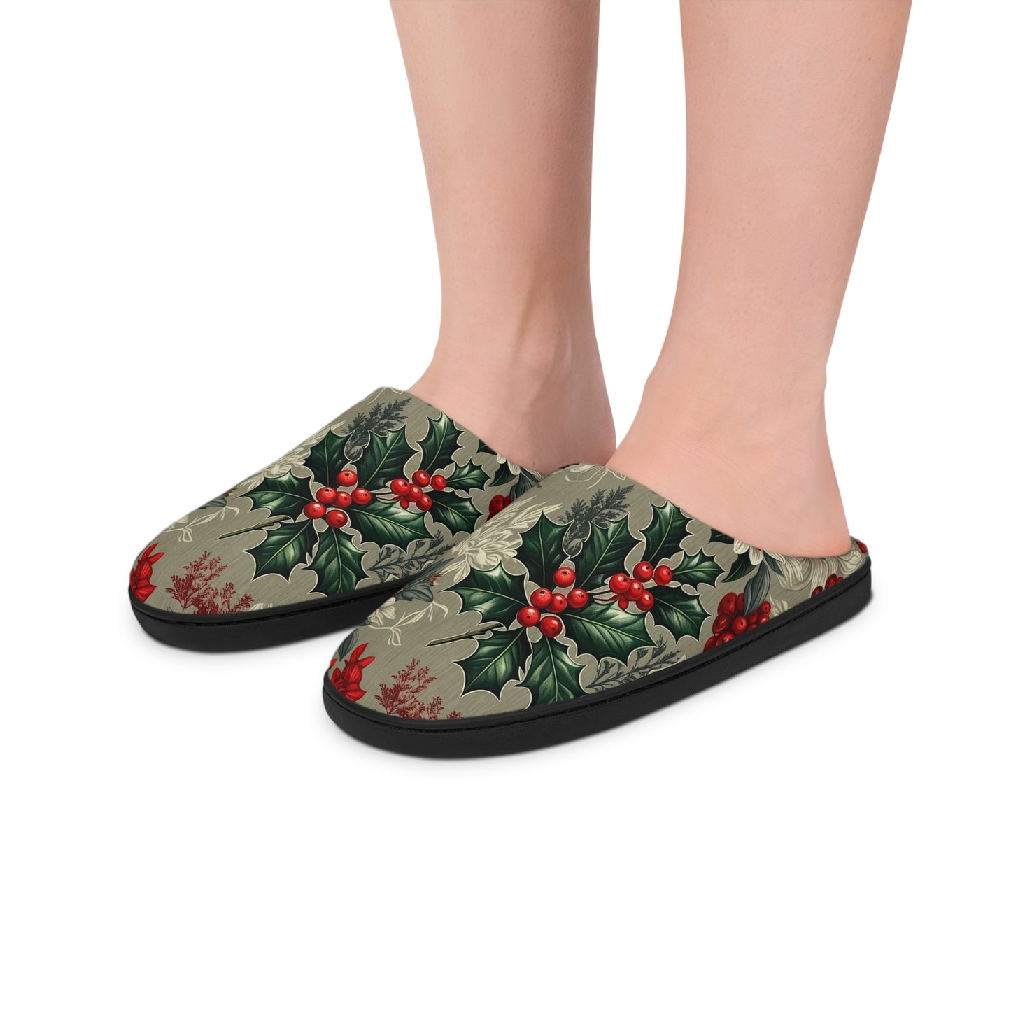 Christmas Holly - Floral Indoor Slippers for Women