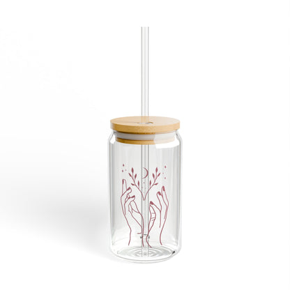 Blooming Hands: 16oz Can-Shaped Sipper Glass with Lid & Straw