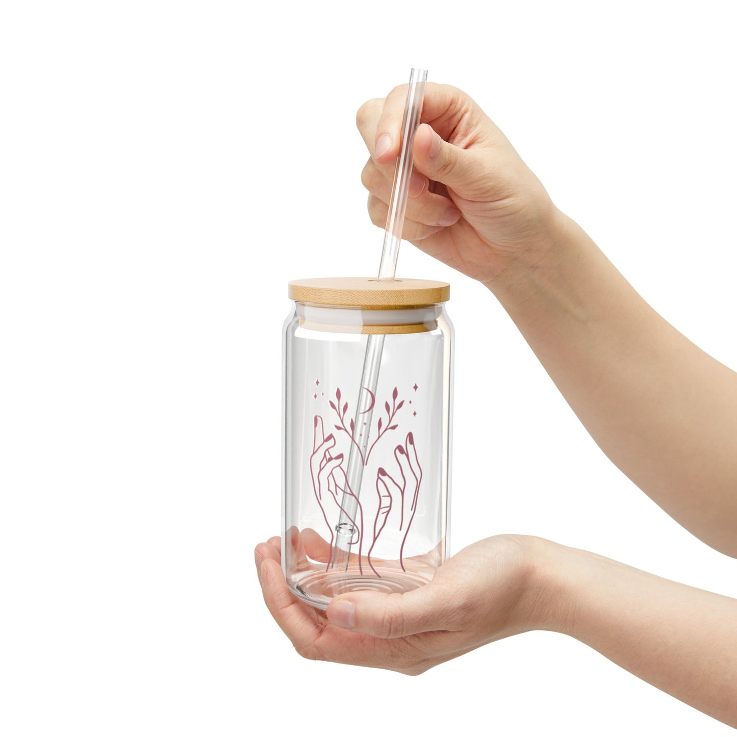 Blooming Hands: 16oz Can-Shaped Sipper Glass with Lid & Straw