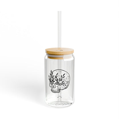 Blooming Skull: 16oz Can-Shaped Sipper Glass with Lid & Straw