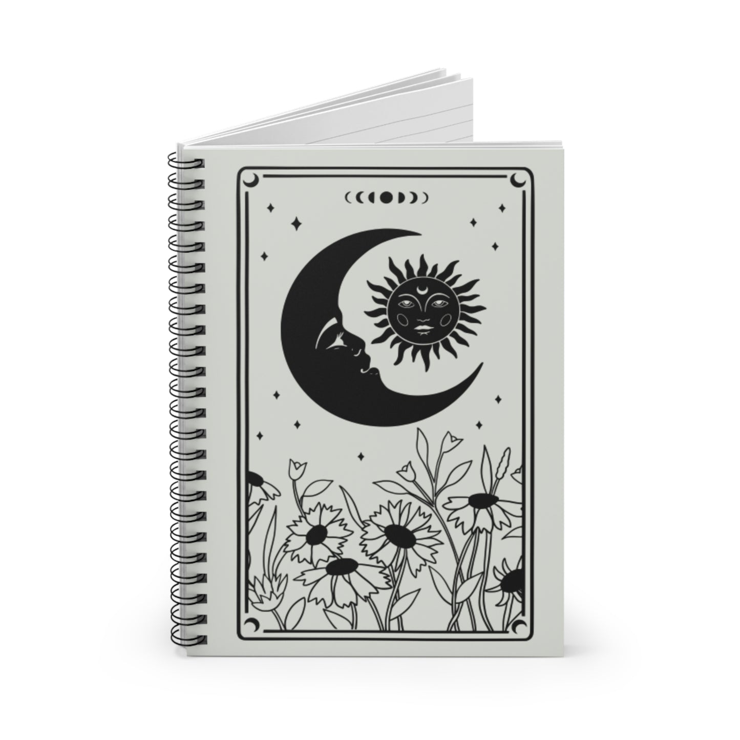 Lunar Bloom Journal - 6x8 Spiral Notebook with Sun, Moon, and Floral Design