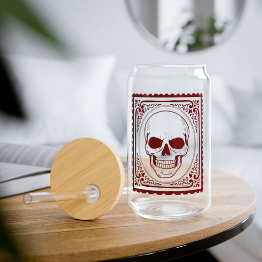 Crimson Skull: 16oz Can-Shaped Sipper Glass with Lid & Straw