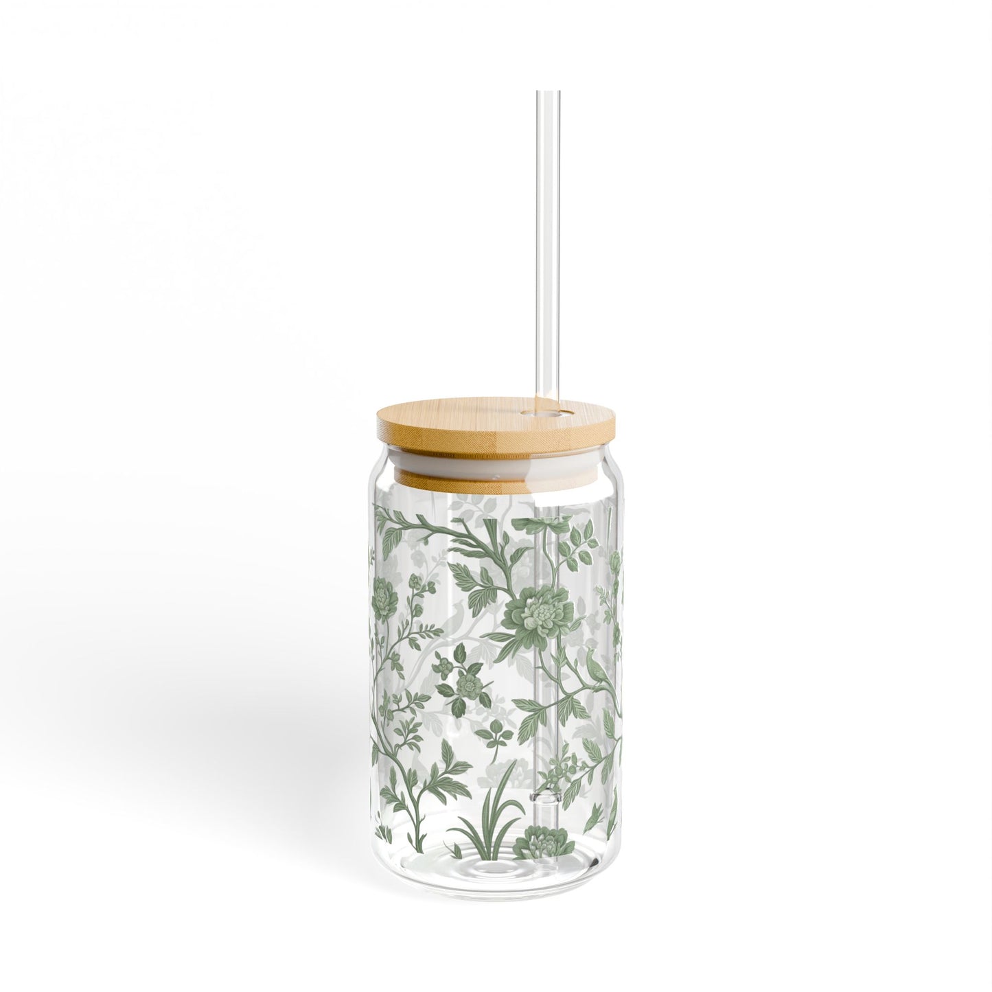 Green Chinoiserie: 16oz Can-Shaped Sipper Glass with Lid & Straw