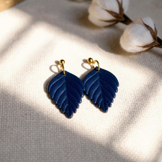 The Pressed Leaf Drop Earrings – Deep Navy – Winter Collection · Winter Wonderland | Hypoallergenic 18K Gold-Plated – Handmade Jewelry