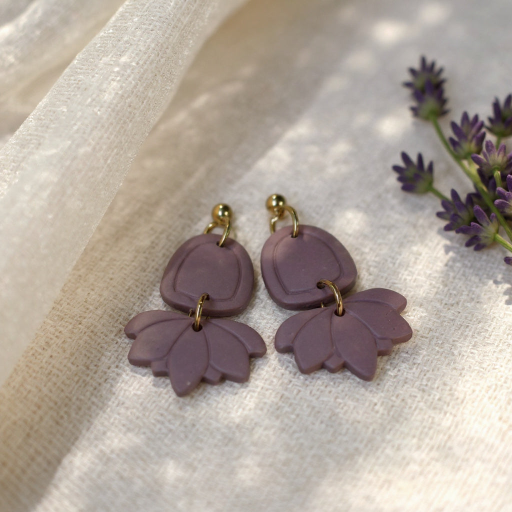 The Lotus Bloom Earrings – Hazy Lilac – Garden Collection · Moonlit Garden | Hypoallergenic 18K Gold-Plated – Handmade Jewelry