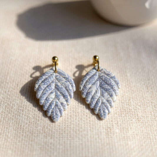 The Pressed Leaf Drop Earrings – Blue Toile – Special Edition | Hypoallergenic 18K Gold-Plated – Handmade Jewelry