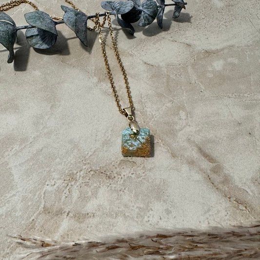 Ocean Treasure: Turquoise & Gold Square Pendant Necklace