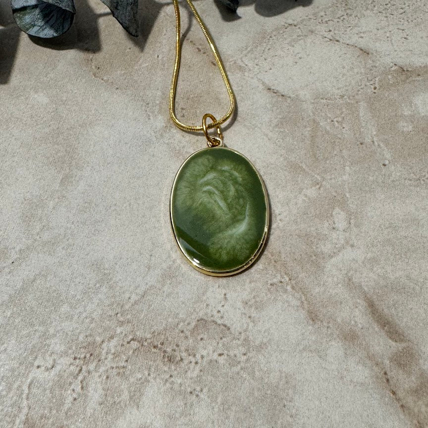 Earthy Swirl: Green & Beige Oval Pendant Necklace