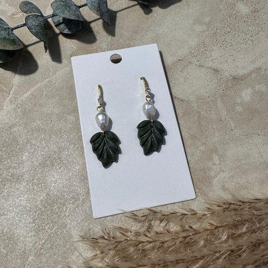 Island Escape: Green Hibiscus Leaf & Pearl Earrings