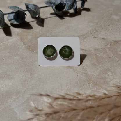 Seafoam Swirl: Green & White Resin Stud Earrings (10mm)