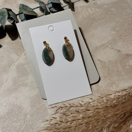 Golden Meadow: Green & Gold Flake Oval Clay Earrings