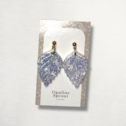 The Pressed Leaf Drop Earrings – Blue Toile – Special Edition | Hypoallergenic 18K Gold-Plated – Handmade Jewelry