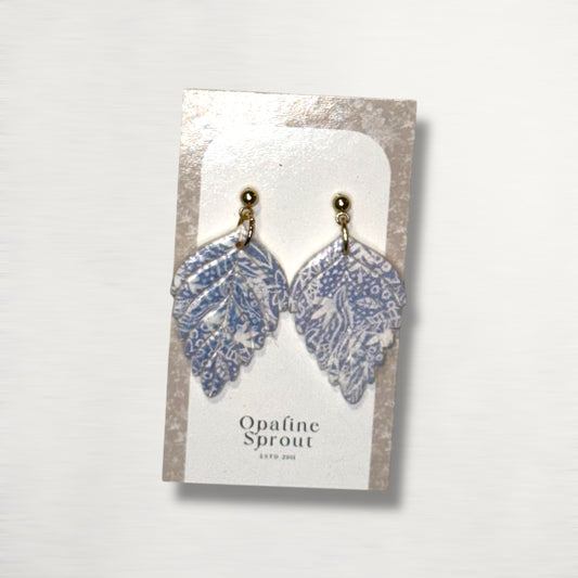 The Pressed Leaf Drop Earrings – Blue Toile – Special Edition | Hypoallergenic 18K Gold-Plated – Handmade Jewelry