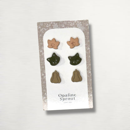 The October Studs – Leaf, Raccoon, Pumpkin Trio | Hypoallergenic 18K Gold-Plated – Handmade Jewelry