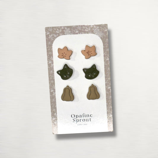 The October Studs – Leaf, Raccoon, Pumpkin Trio | Hypoallergenic 18K Gold-Plated – Handmade Jewelry
