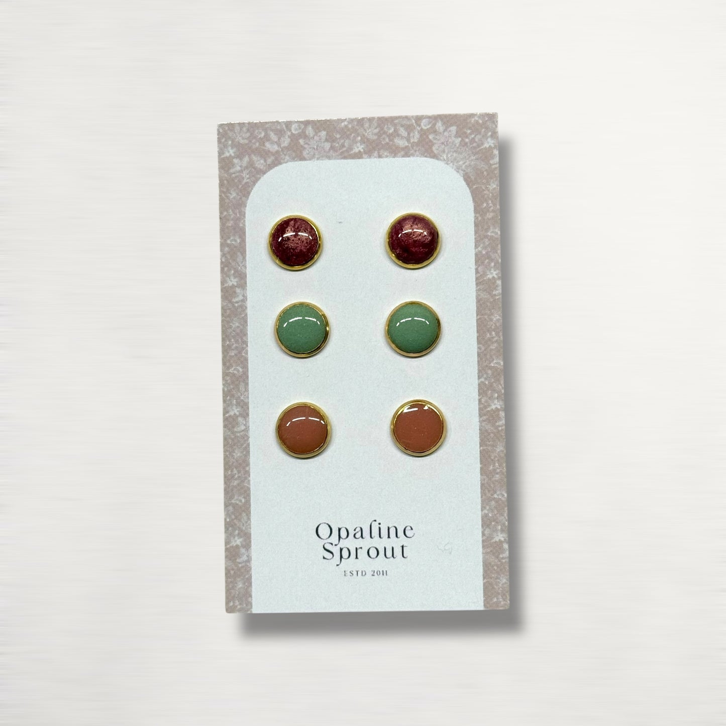 The Dot Studs – Ruby, Sage, Coral · Garden Collection