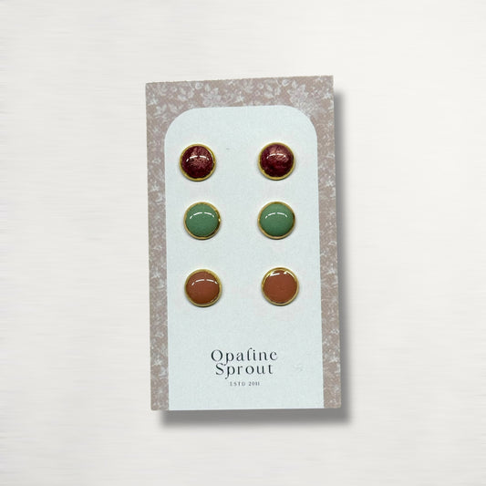 The Dot Studs – Ruby, Sage, Coral · Garden Collection