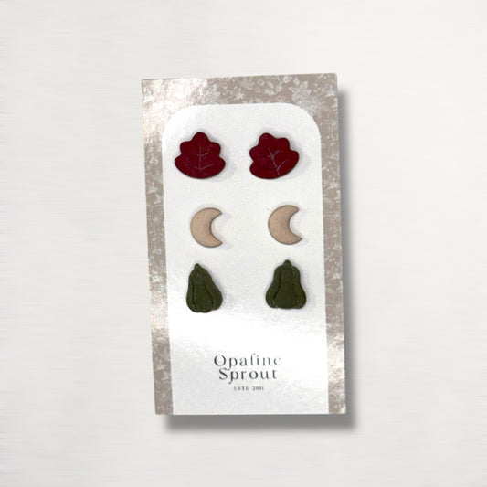 The October Studs – Leaf, Crescent Moon, Pumpkin Trio | Hypoallergenic 18K Gold-Plated – Handmade Jewelry