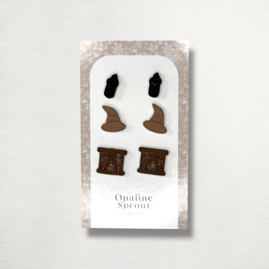 The October Studs – Black Flame Candle, Witch Hat, Fireplace Trio | Hypoallergenic 18K Gold-Plated – Handmade Jewelry