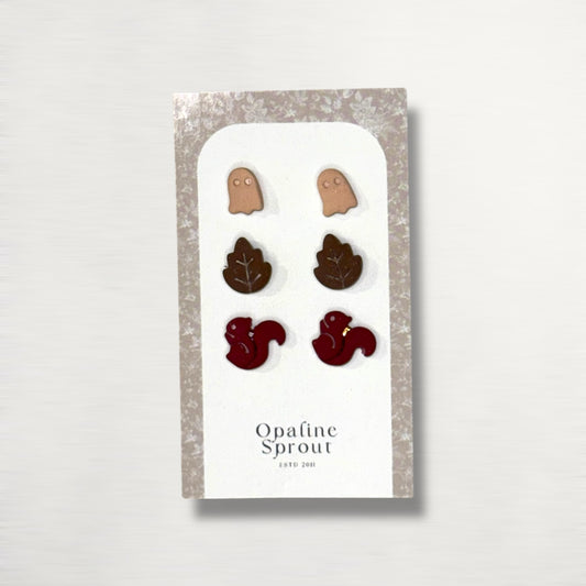 The October Studs – Ghost, Leaf, Squirrel Trio | Hypoallergenic 18K Gold-Plated – Handmade Jewelry